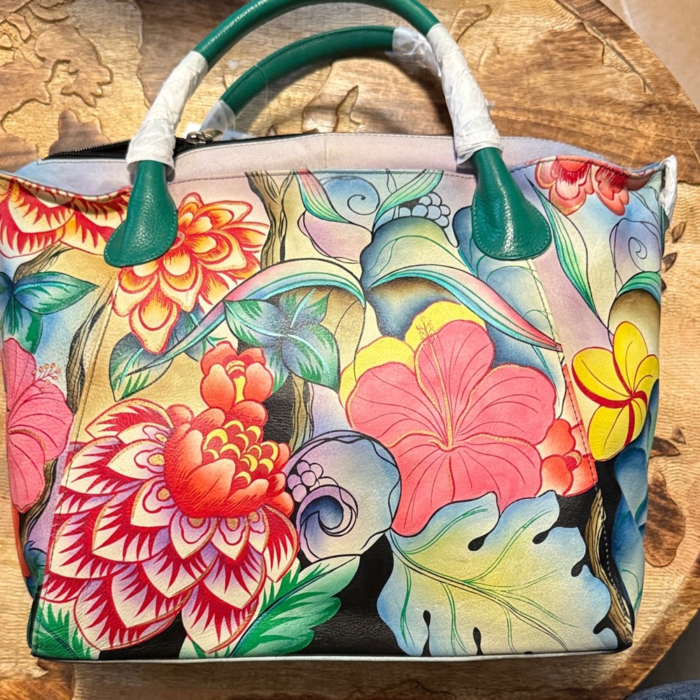 Anna Multicolor Floral Satchel with Green Handles